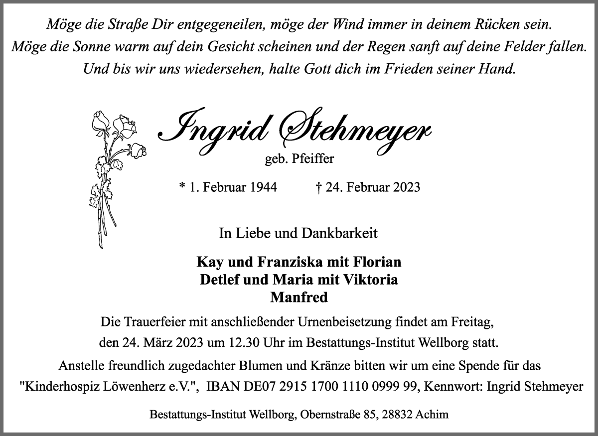  Traueranzeige für Ingrid Stehmeyer vom 18.03.2023 aus Achimer Kurier/Verdener Nachrichten