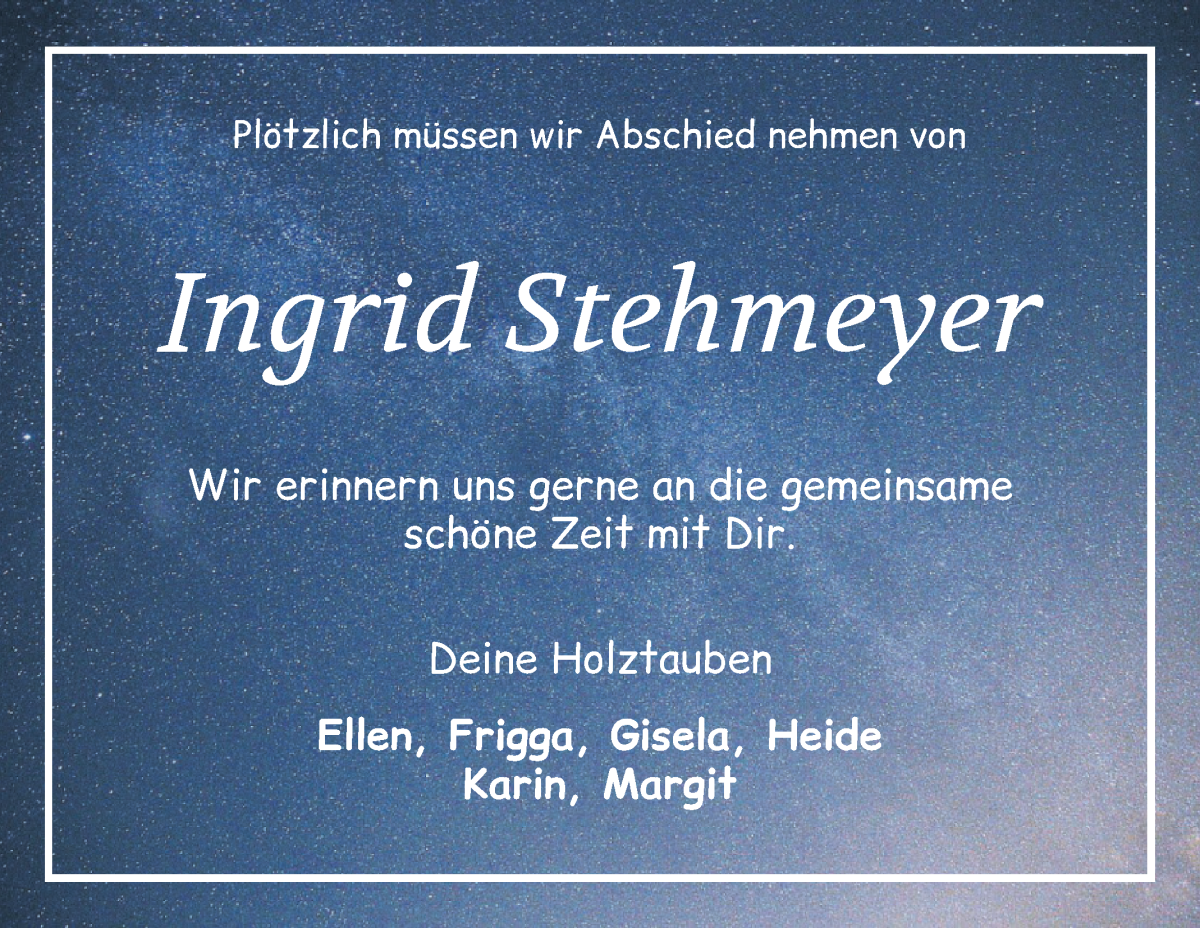  Traueranzeige für Ingrid Stehmeyer vom 18.03.2023 aus Achimer Kurier/Verdener Nachrichten
