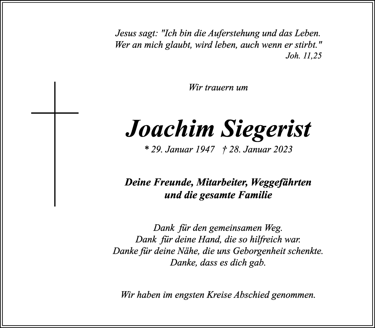  Traueranzeige für Joachim Siegerist vom 04.03.2023 aus WESER-KURIER