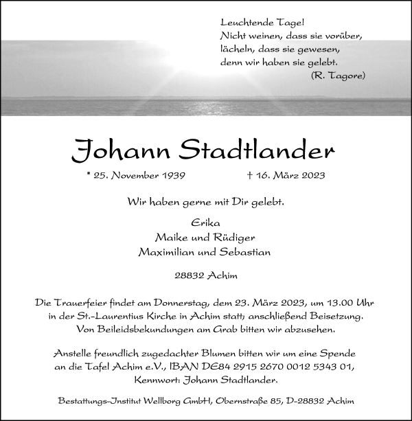 Traueranzeige von Johann Stadtlander