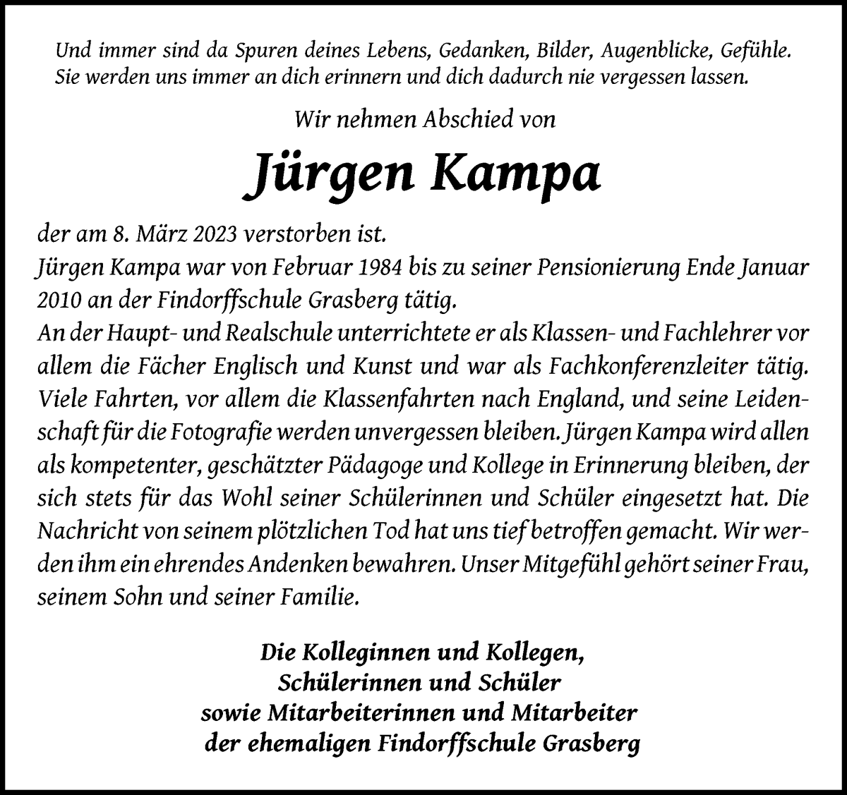  Traueranzeige für Jürgen Kampa vom 18.03.2023 aus Wuemme Zeitung