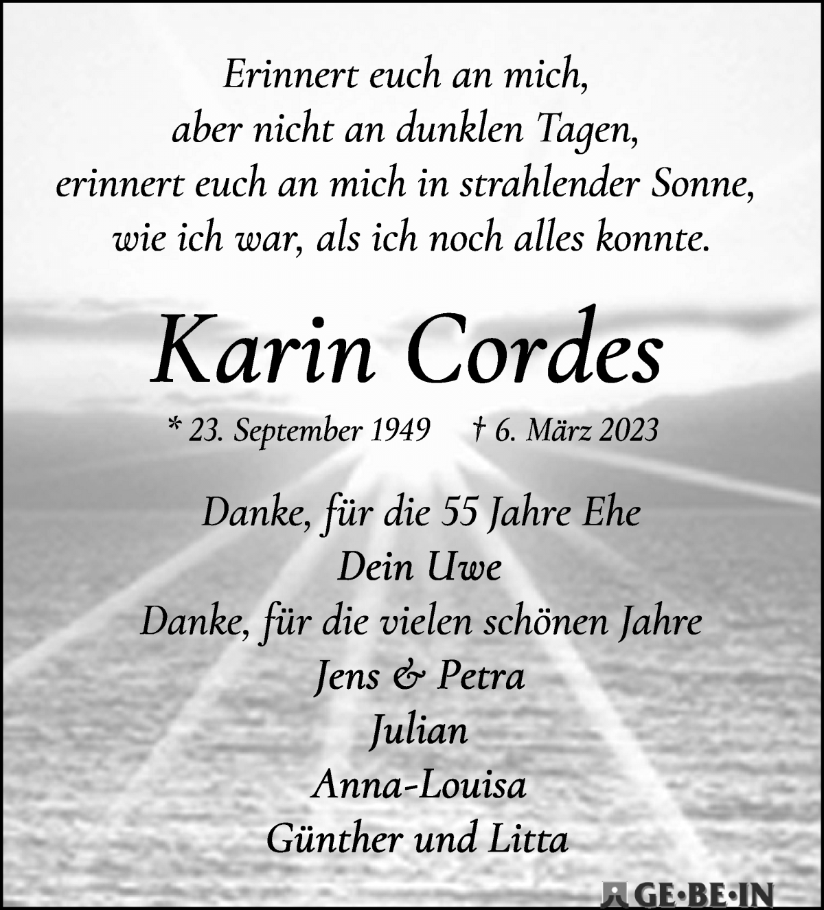  Traueranzeige für Karin Cordes vom 18.03.2023 aus WESER-KURIER
