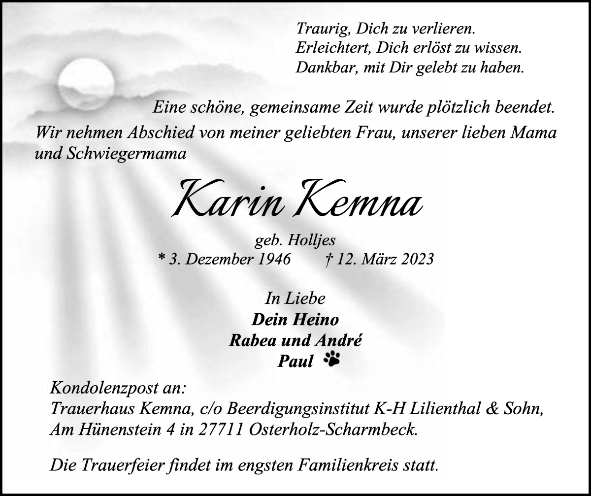  Traueranzeige für Karin Kemna vom 18.03.2023 aus Osterholzer Kreisblatt