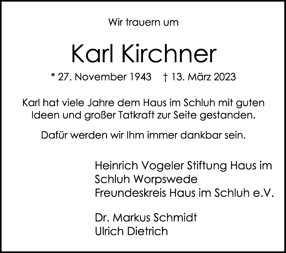 Traueranzeige von Karl Kirchner von Wuemme Zeitung