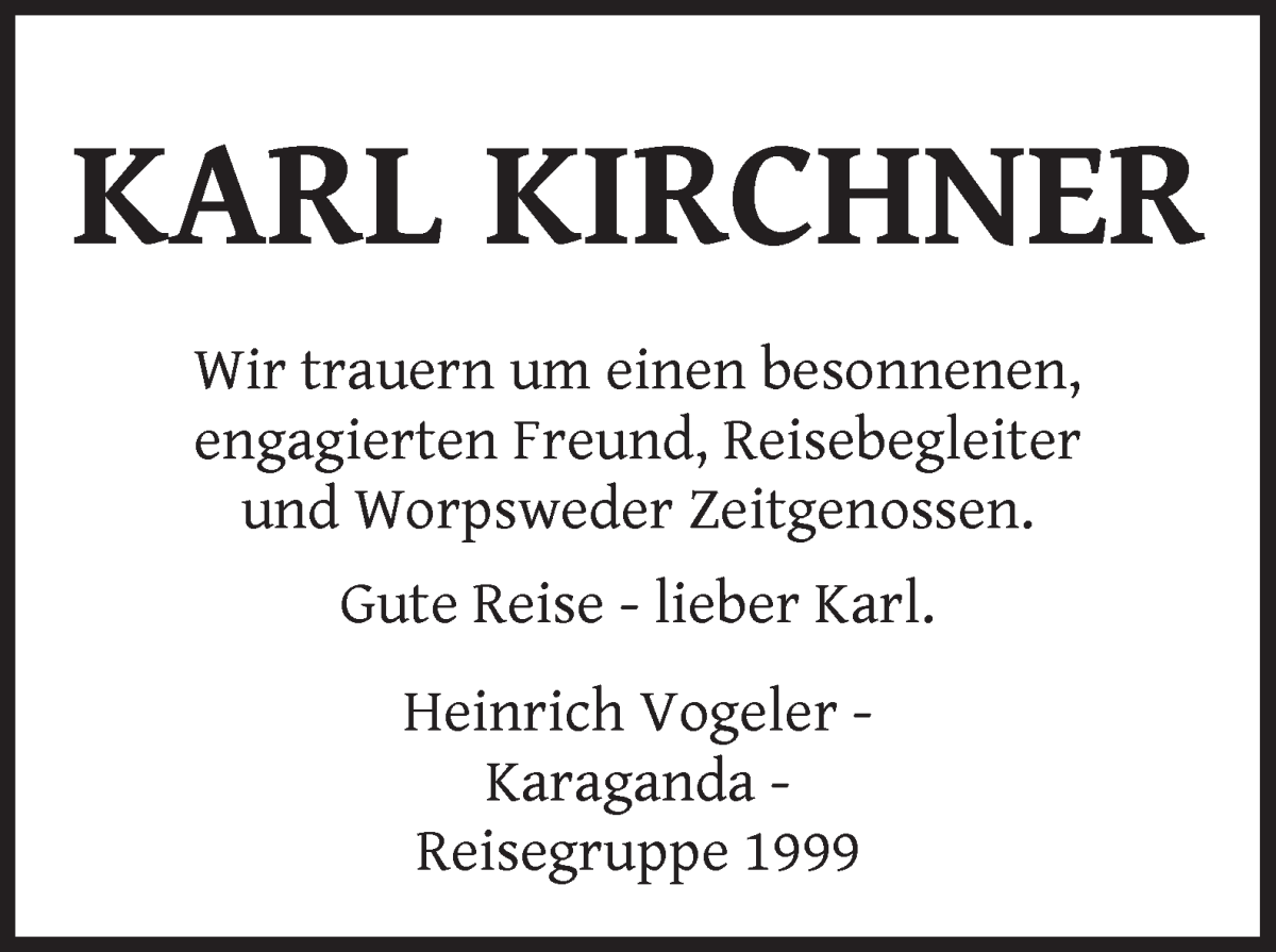 Traueranzeige von Karl Kirchner von Wuemme Zeitung