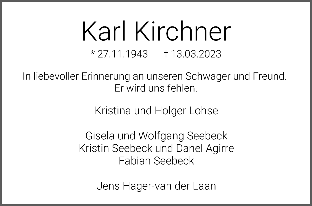 Traueranzeige von Karl Kirchner von Wuemme Zeitung