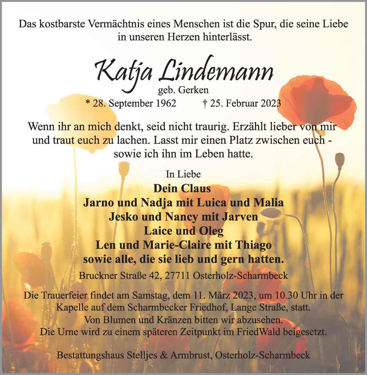 Traueranzeige von Katja Lindemann von Osterholzer Kreisblatt