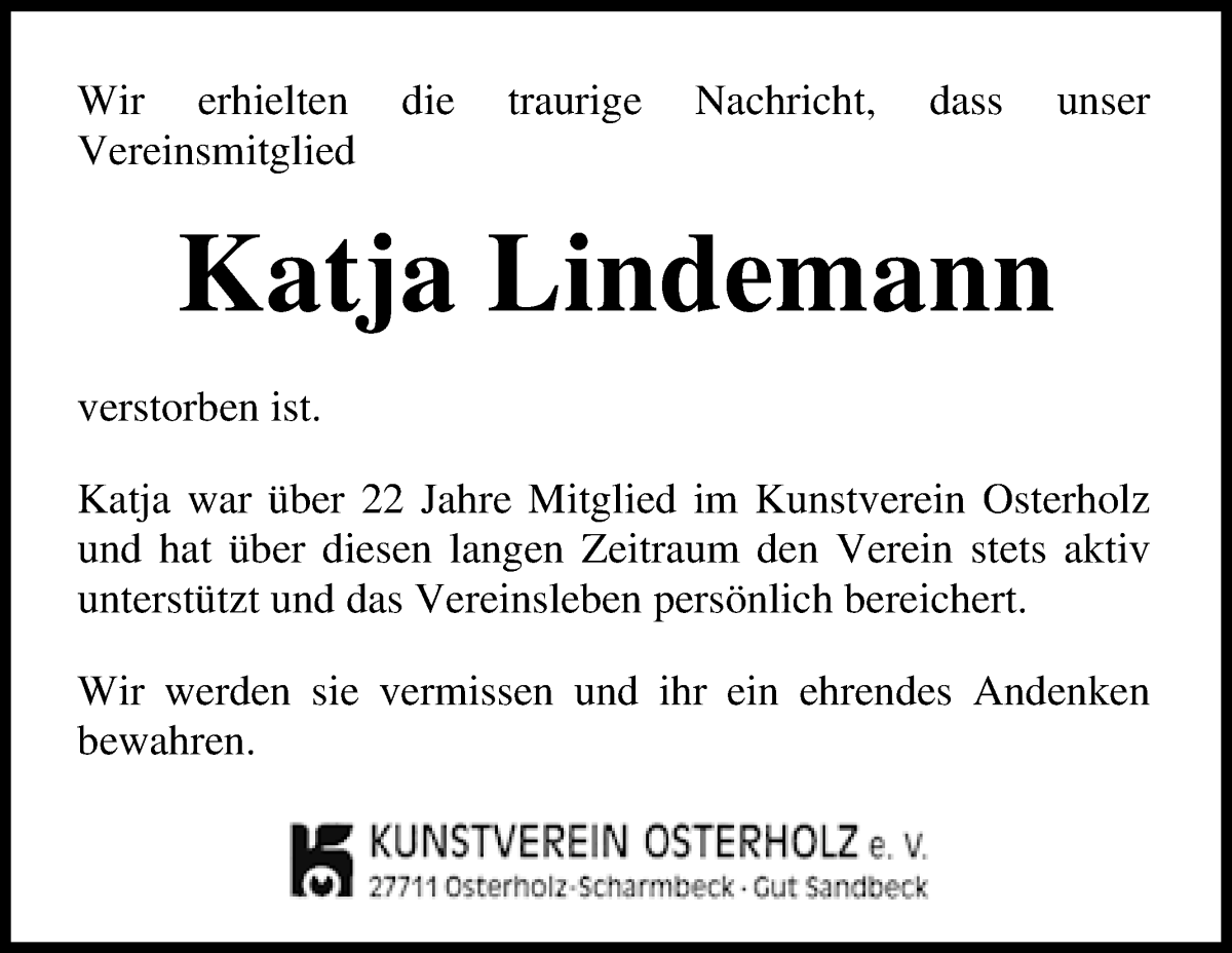 Traueranzeige von Katja Lindemann von Osterholzer Kreisblatt