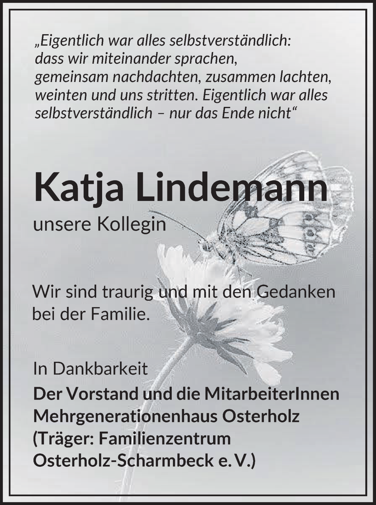 Traueranzeige von Katja Lindemann von Osterholzer Kreisblatt