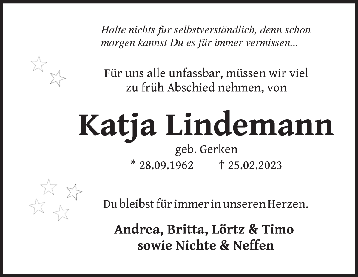 Traueranzeige von Katja Lindemann von Osterholzer Kreisblatt