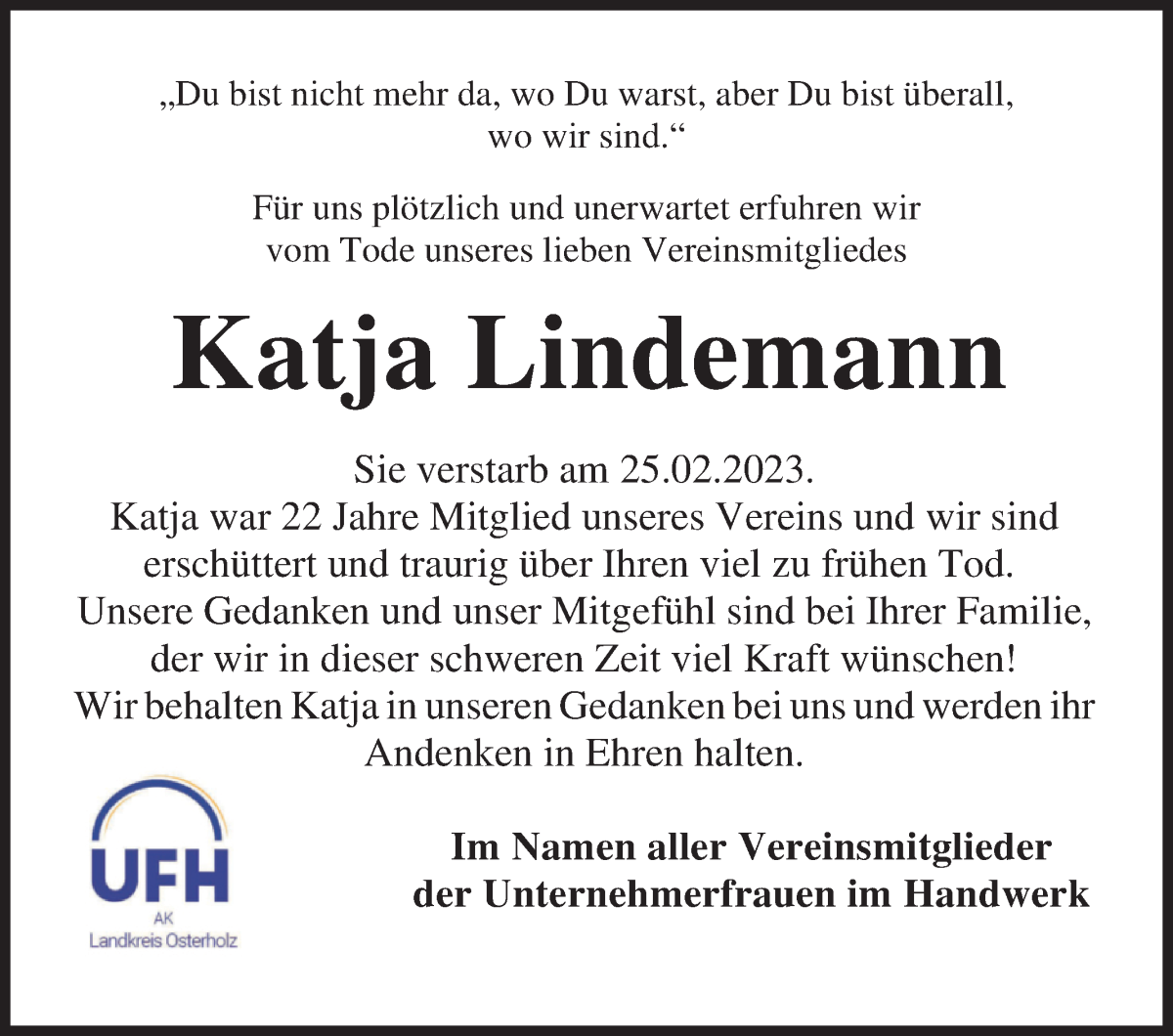 Traueranzeige von Katja Lindemann von Osterholzer Kreisblatt