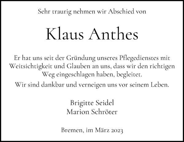 Traueranzeige von Klaus Anthes
