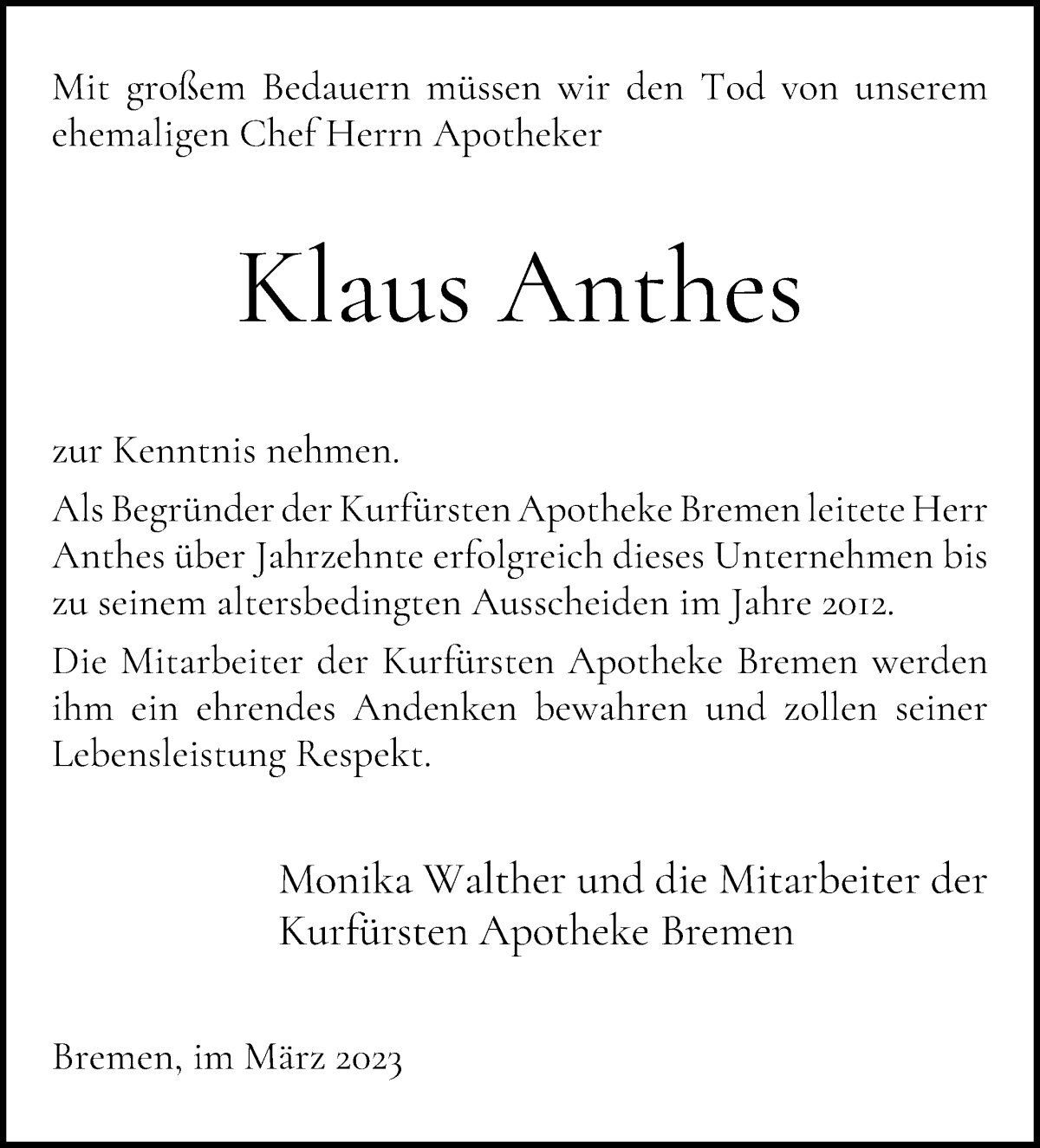 Traueranzeige von Klaus Anthes von WESER-KURIER