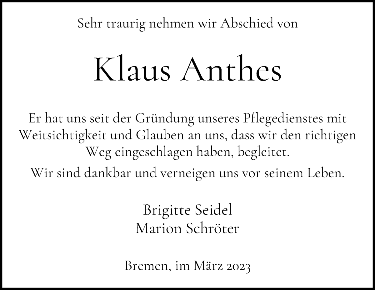 Traueranzeige von Klaus Anthes von WESER-KURIER