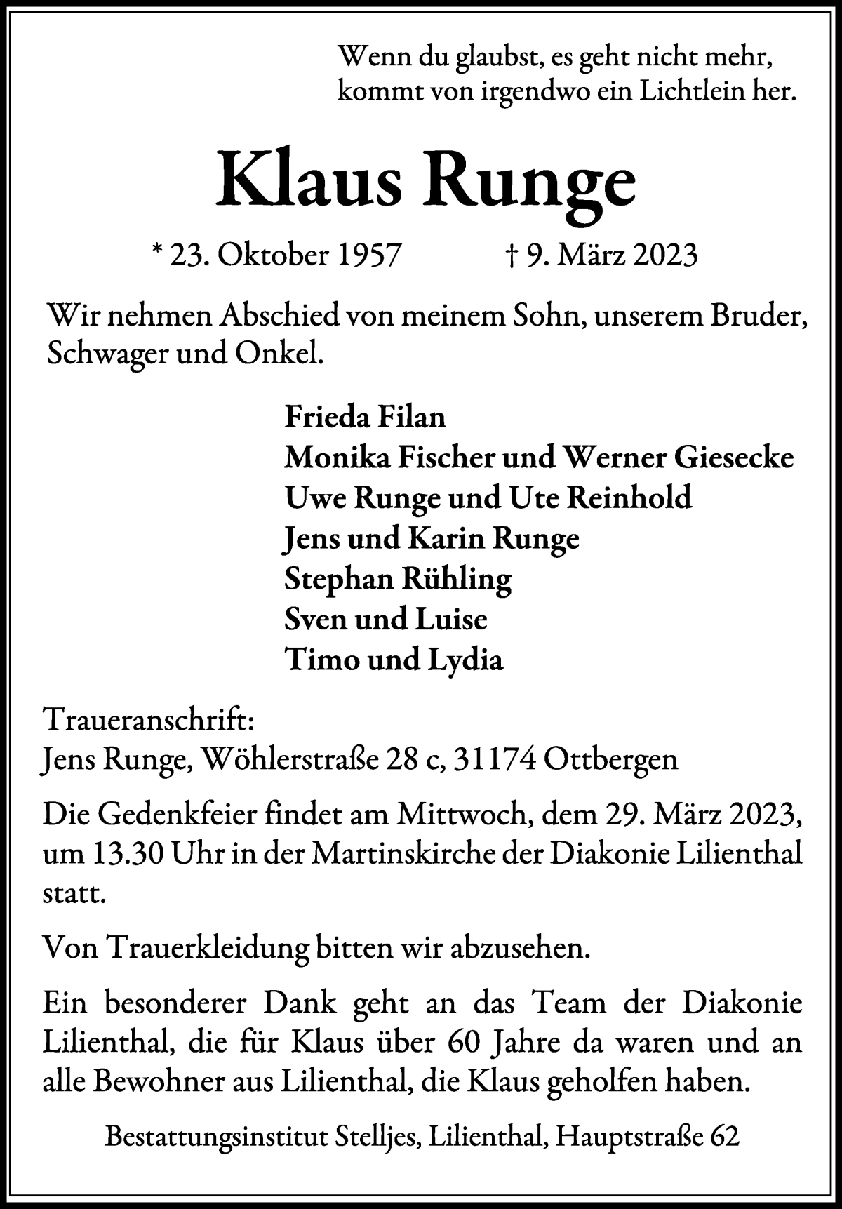  Traueranzeige für Klaus Runge vom 18.03.2023 aus Wuemme Zeitung