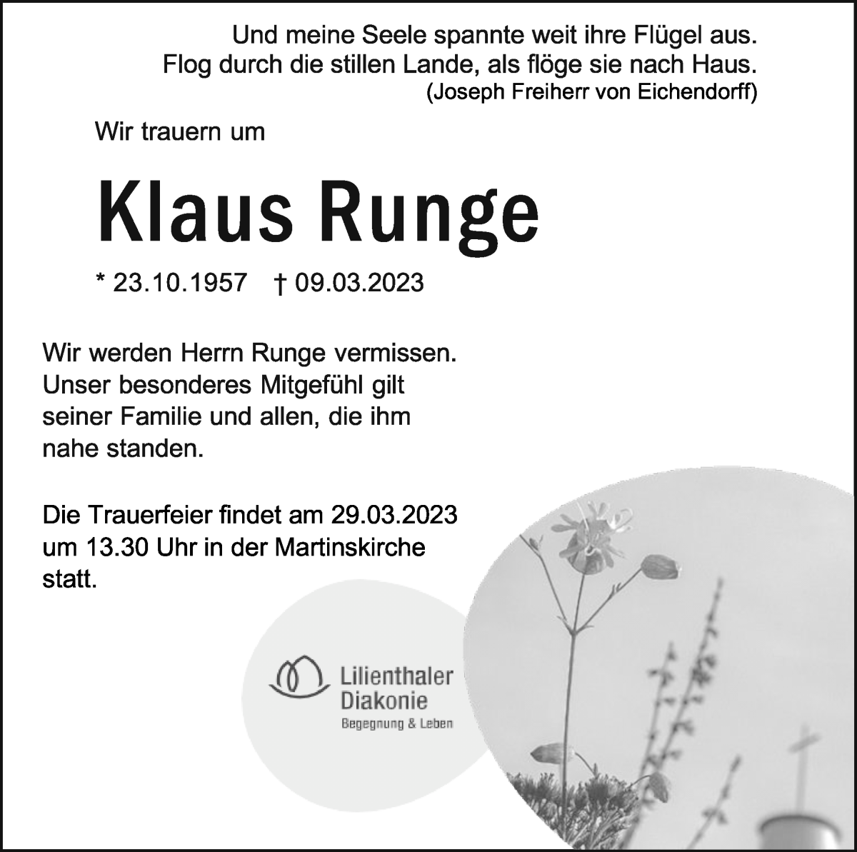  Traueranzeige für Klaus Runge vom 18.03.2023 aus Wuemme Zeitung