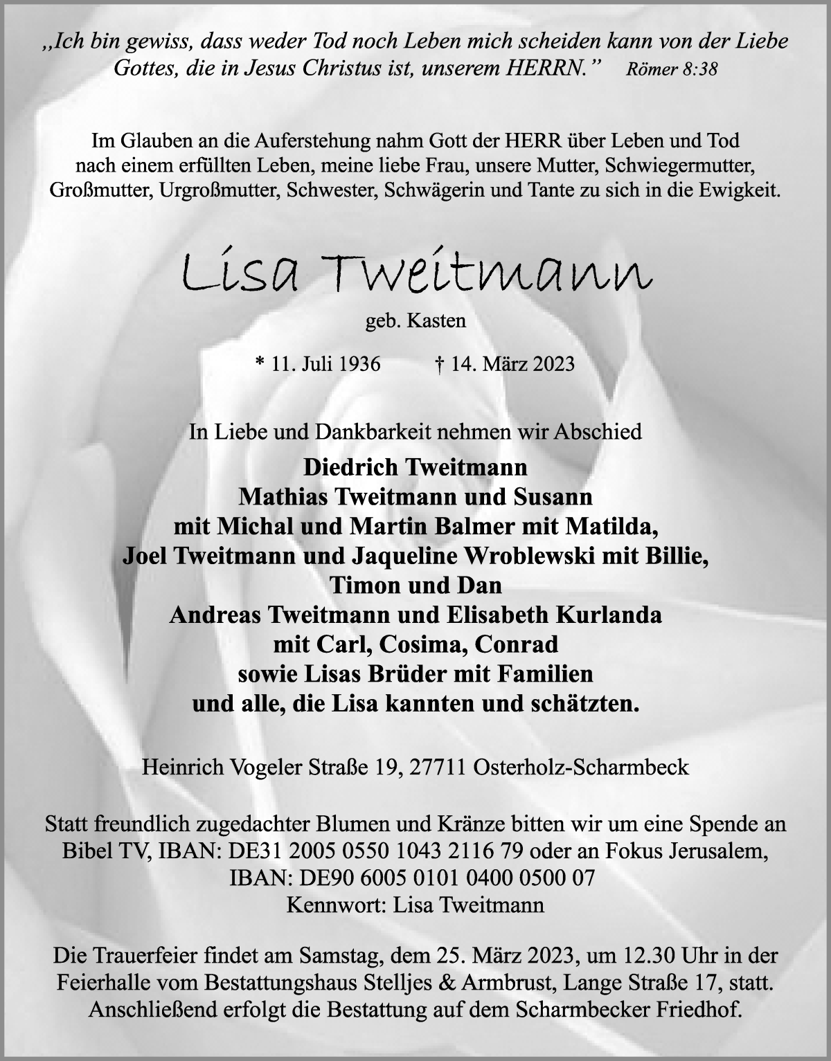 Traueranzeige von Lisa Tweitmann von Osterholzer Kreisblatt