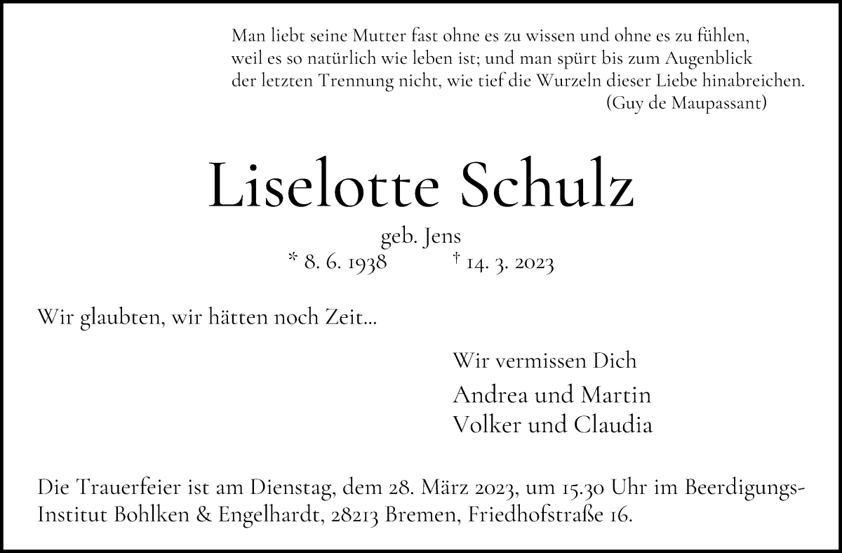  Traueranzeige für Liselotte Schulz vom 18.03.2023 aus WESER-KURIER