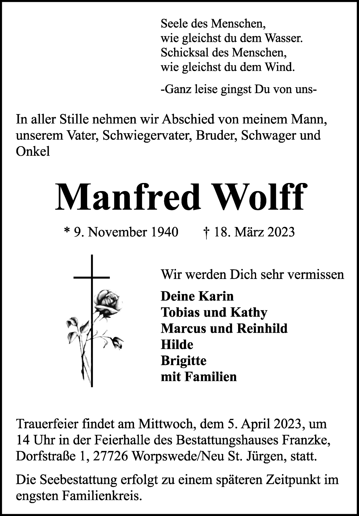 Traueranzeige von Manfred Wolff von Wuemme Zeitung