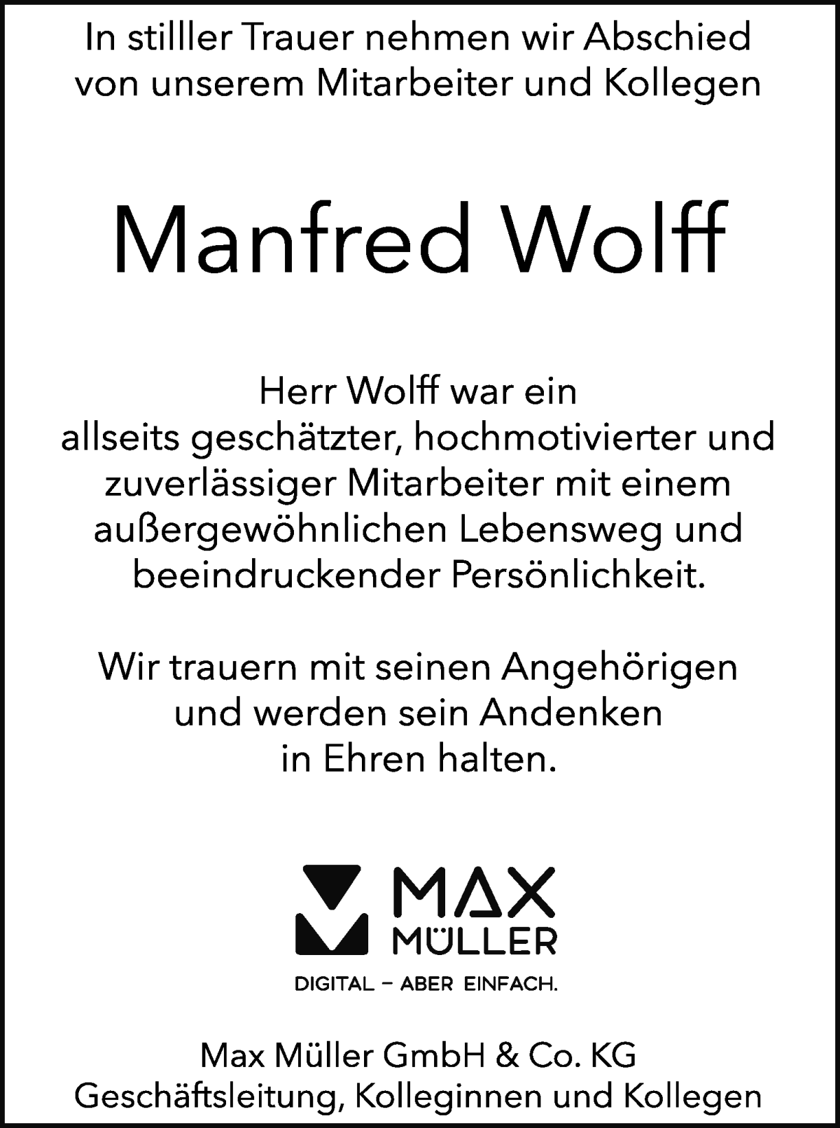 Traueranzeige von Manfred Wolff von Wuemme Zeitung