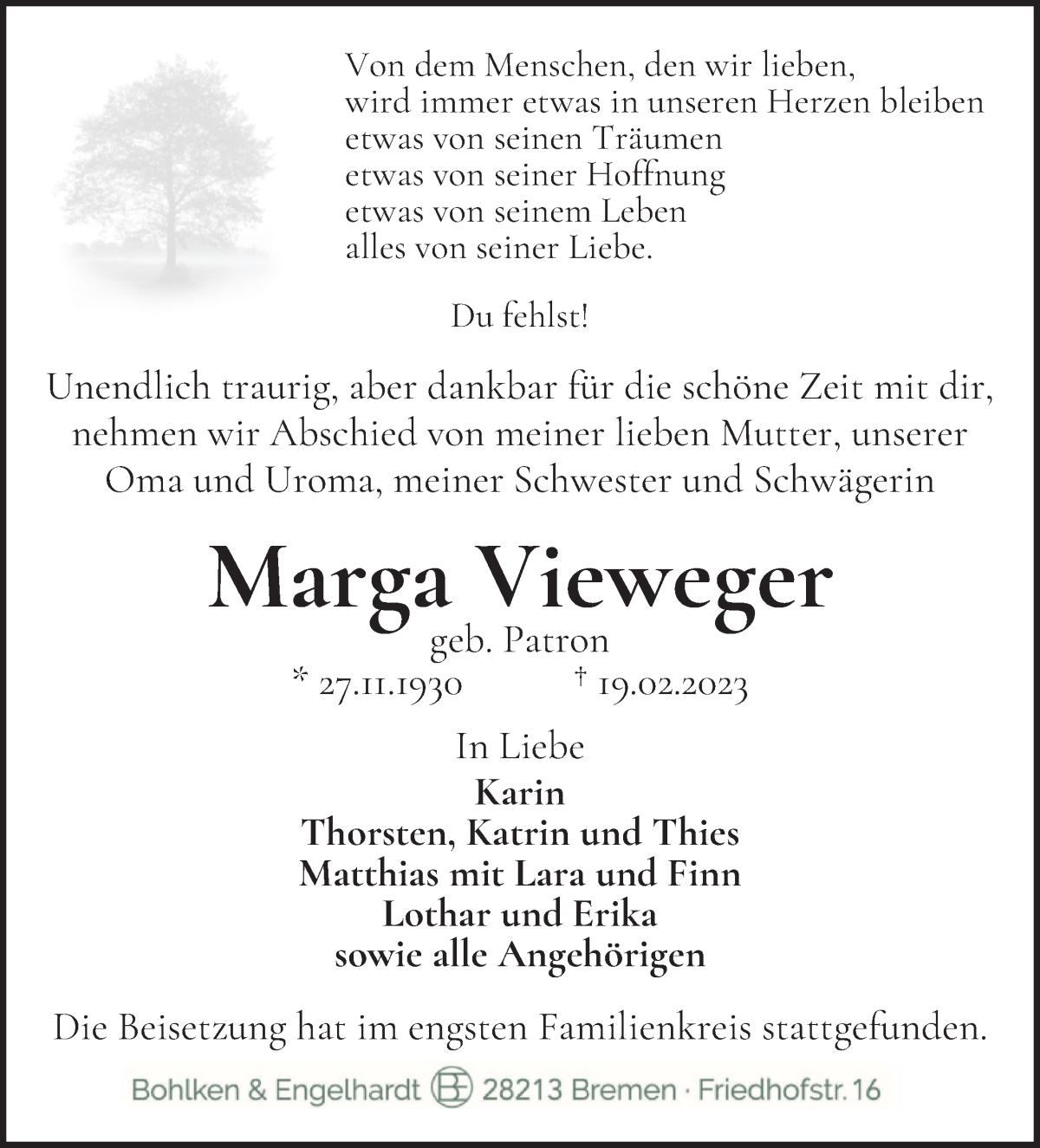  Traueranzeige für Marga Vieweger vom 18.03.2023 aus WESER-KURIER