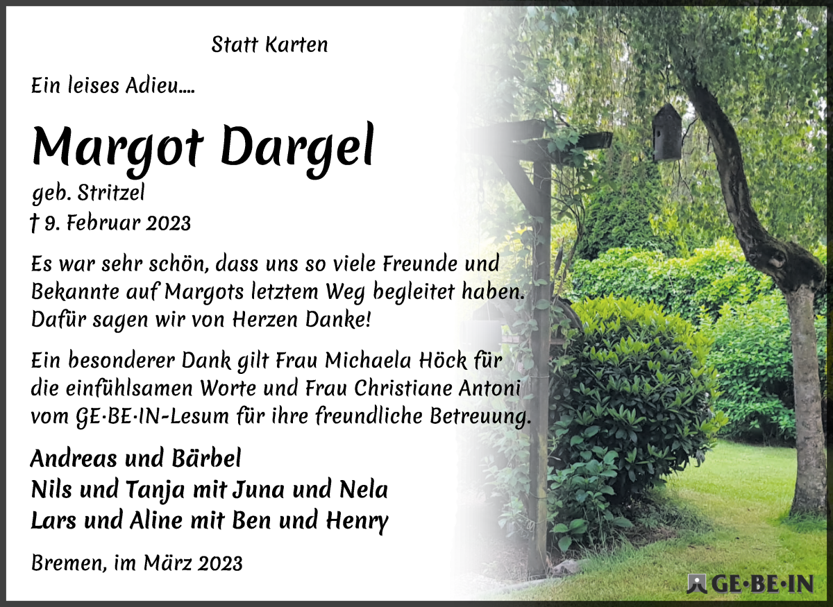 Traueranzeige von Margot Dargel von Die Norddeutsche