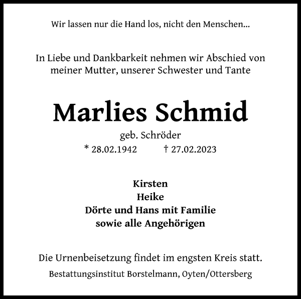 Traueranzeigen von Marlies Schmid | Trauer & Gedenken