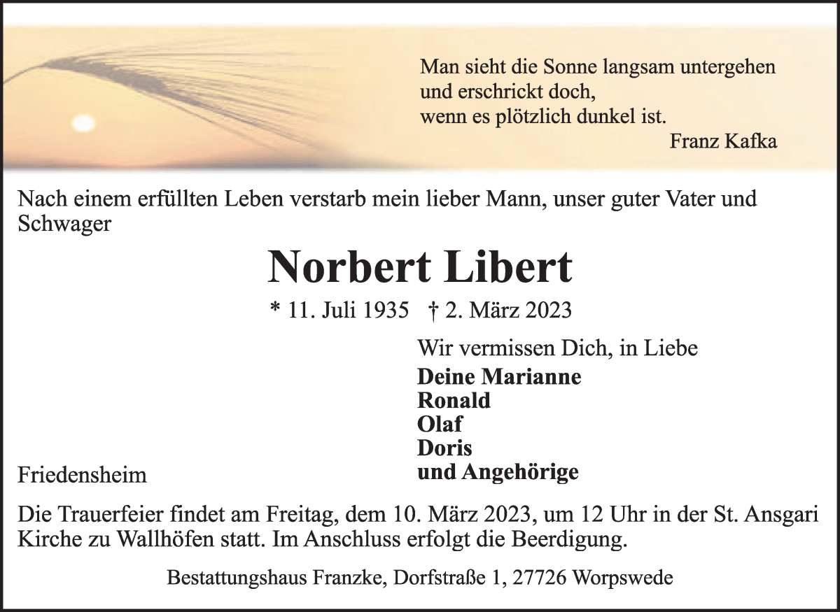 Traueranzeige von Norbert Libert von Osterholzer Kreisblatt