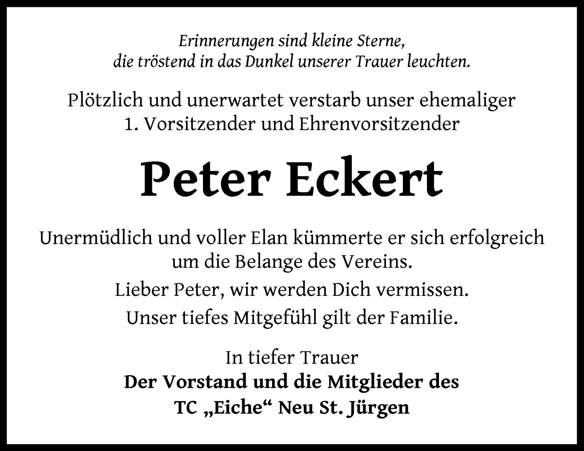 Traueranzeige von Peter Eckert von Wuemme Zeitung