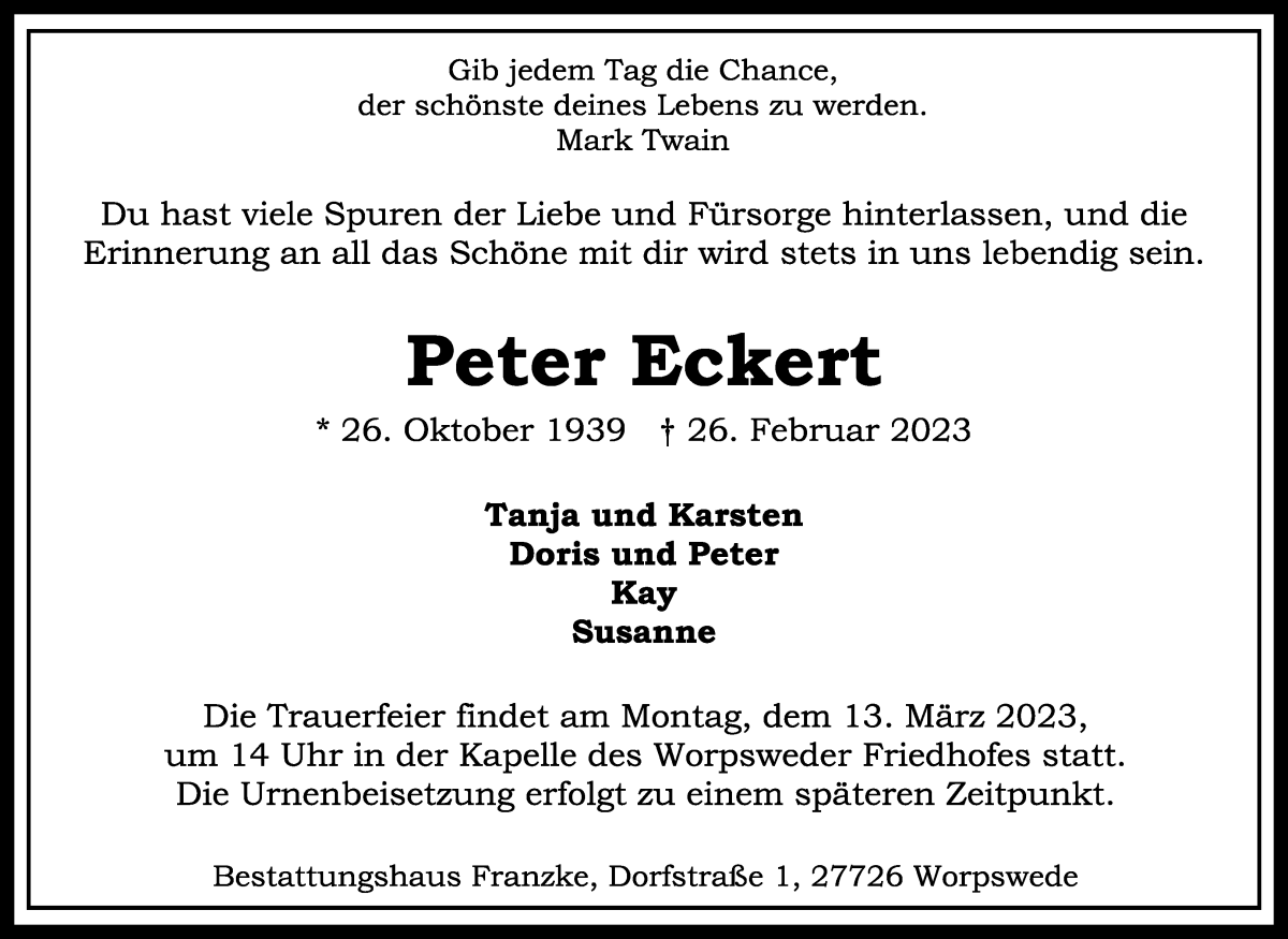 Traueranzeige von Peter Eckert von Wuemme Zeitung