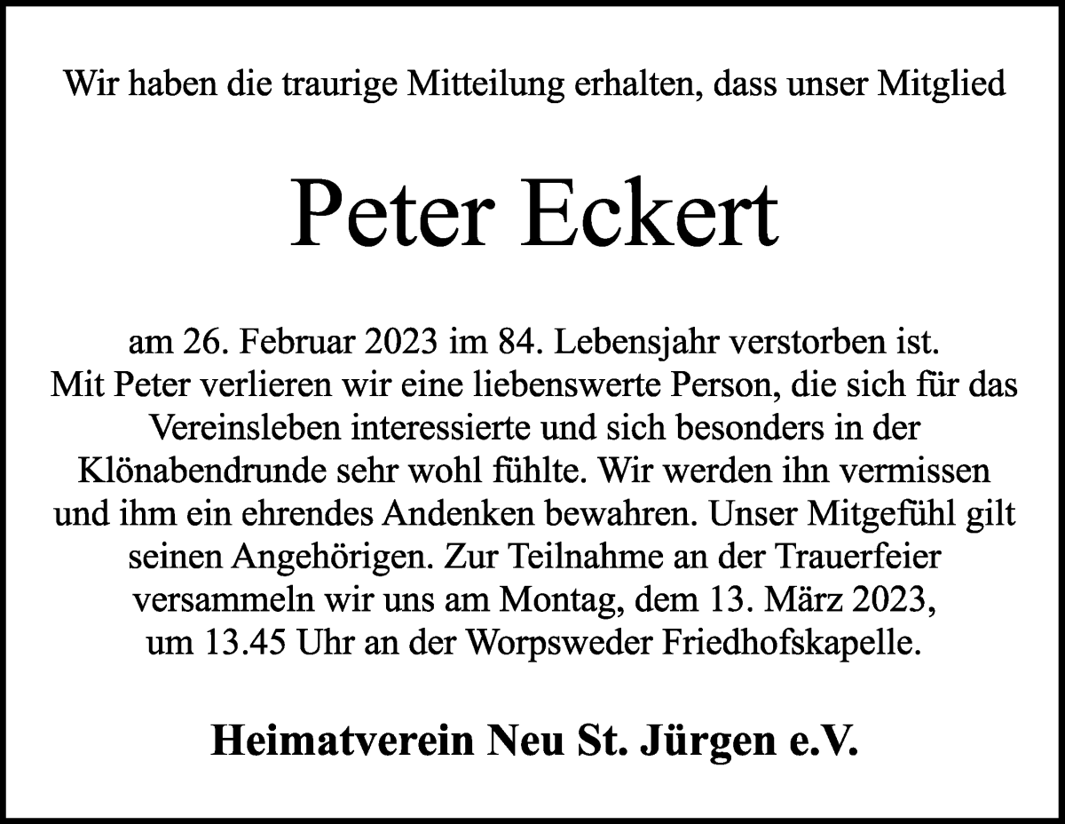 Traueranzeige von Peter Eckert von Wuemme Zeitung