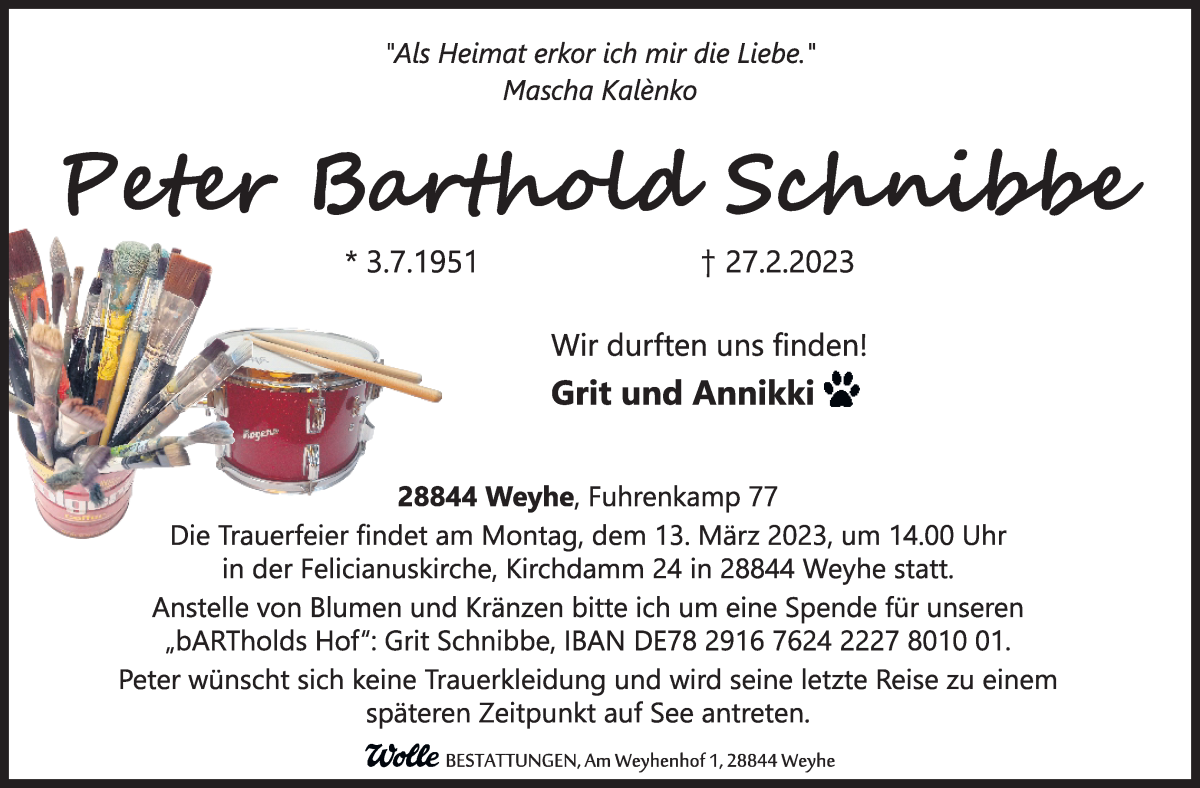  Traueranzeige für Peter Barthold Schnibbe vom 04.03.2023 aus WESER-KURIER