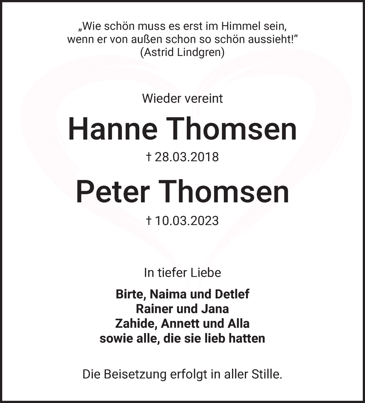 Traueranzeige von Peter und Hanne Thomsen von WESER-KURIER