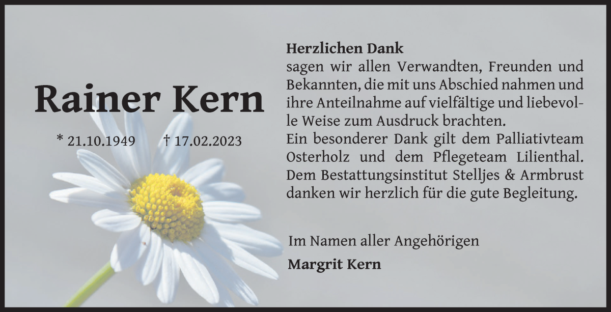  Traueranzeige für Rainer Kern vom 18.03.2023 aus Osterholzer Kreisblatt