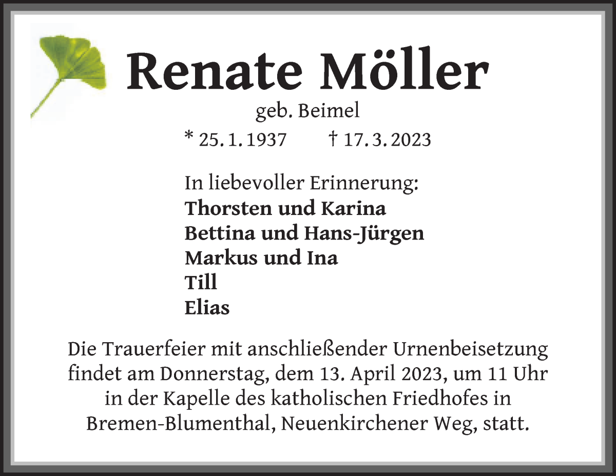  Traueranzeige für Renate Möller vom 25.03.2023 aus Die Norddeutsche