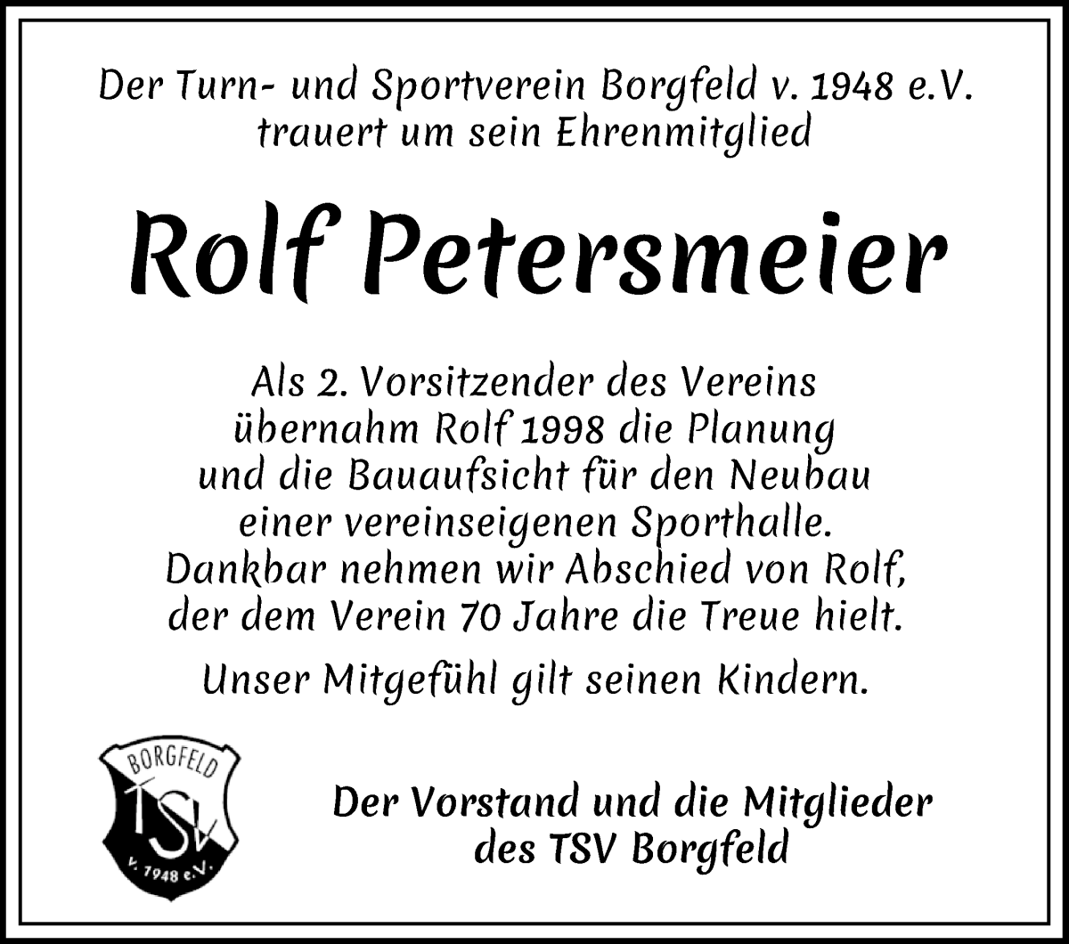  Traueranzeige für Rolf Petersmeier vom 18.03.2023 aus Wuemme Zeitung