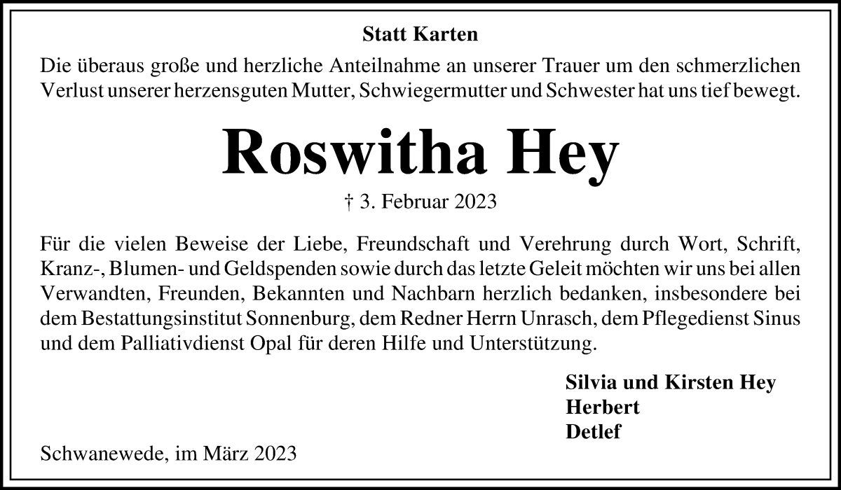 Traueranzeige von Roswitha Hey von Die Norddeutsche
