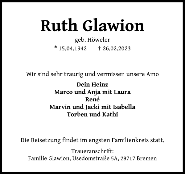 Traueranzeige von Ruth Glawion