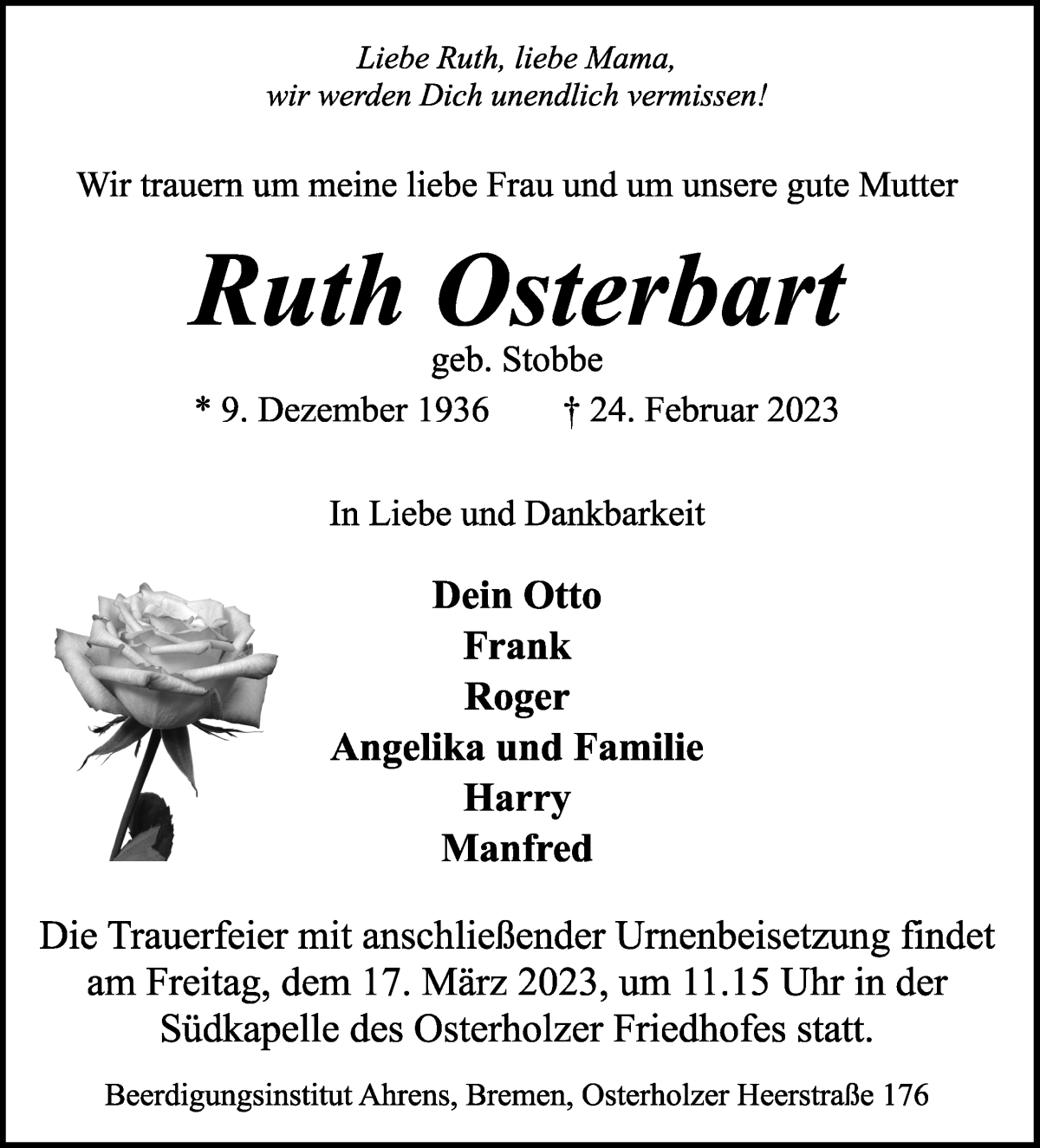 Traueranzeige von Ruth Osterbart von WESER-KURIER