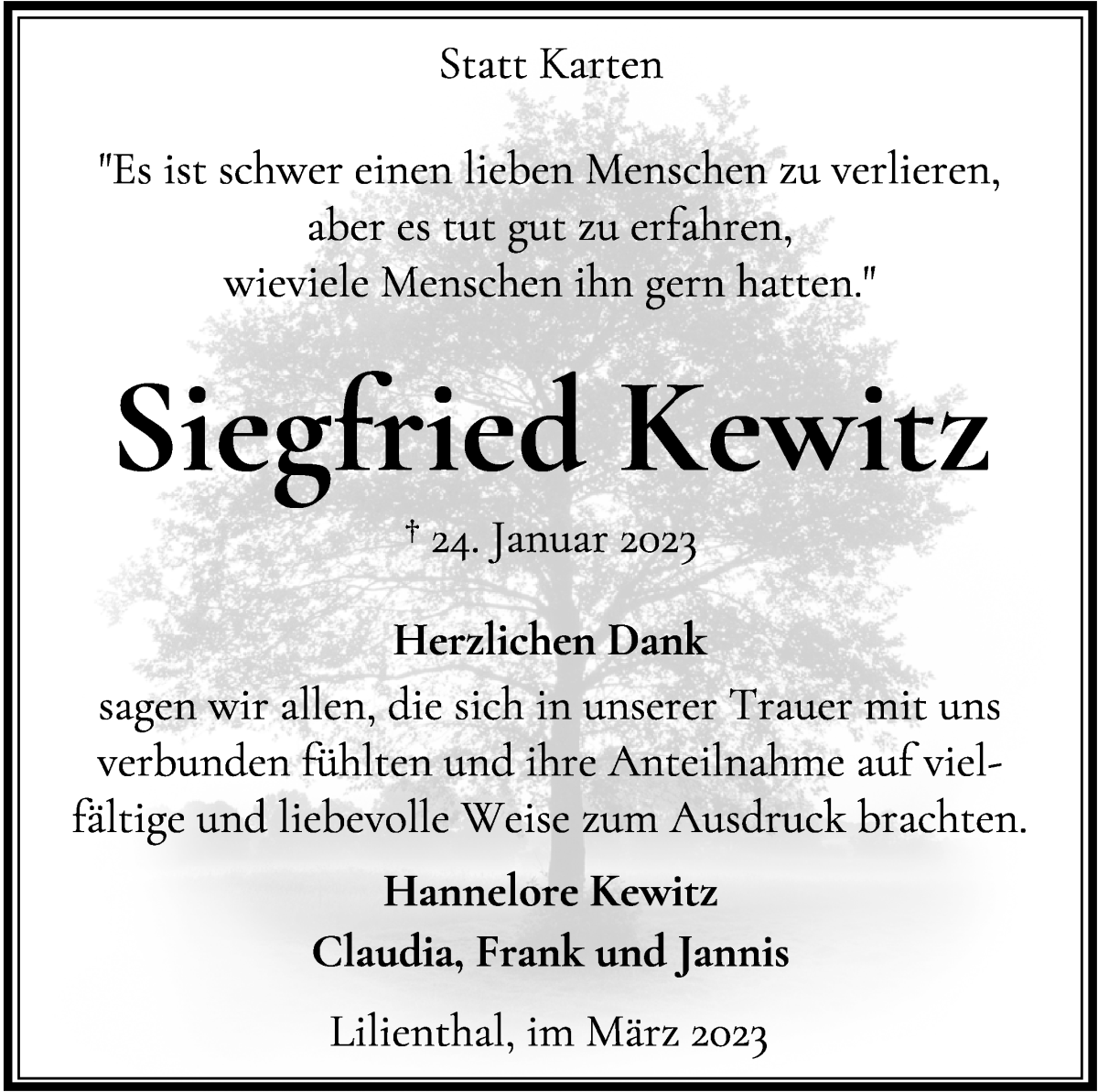  Traueranzeige für Siegfried Kewitz vom 04.03.2023 aus Wuemme Zeitung