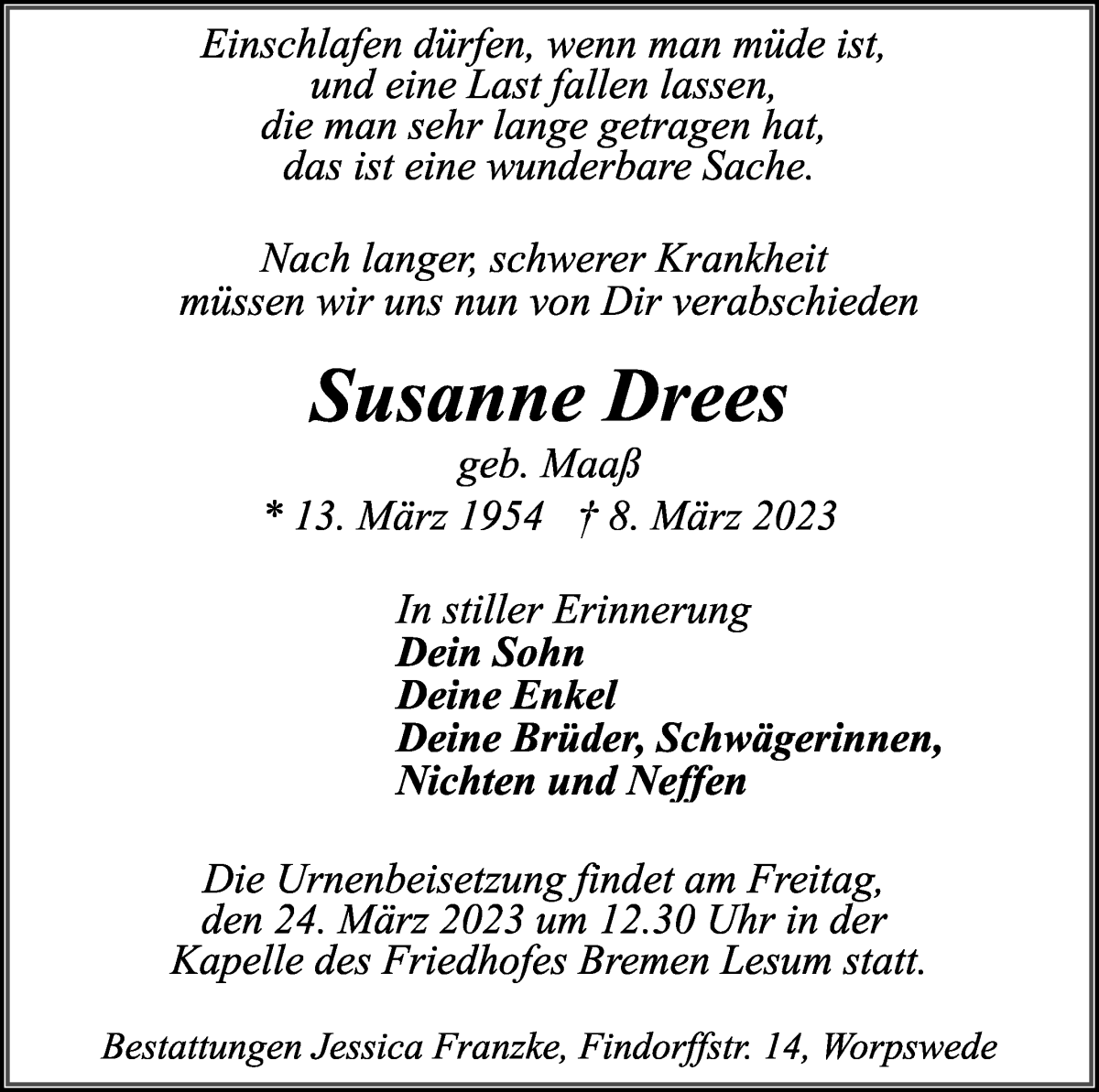 Traueranzeige von Susanne Drees von WESER-KURIER