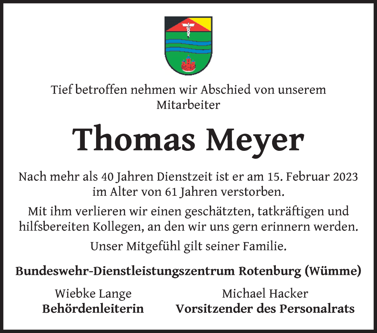  Traueranzeige für Thomas Meyer vom 04.03.2023 aus WESER-KURIER