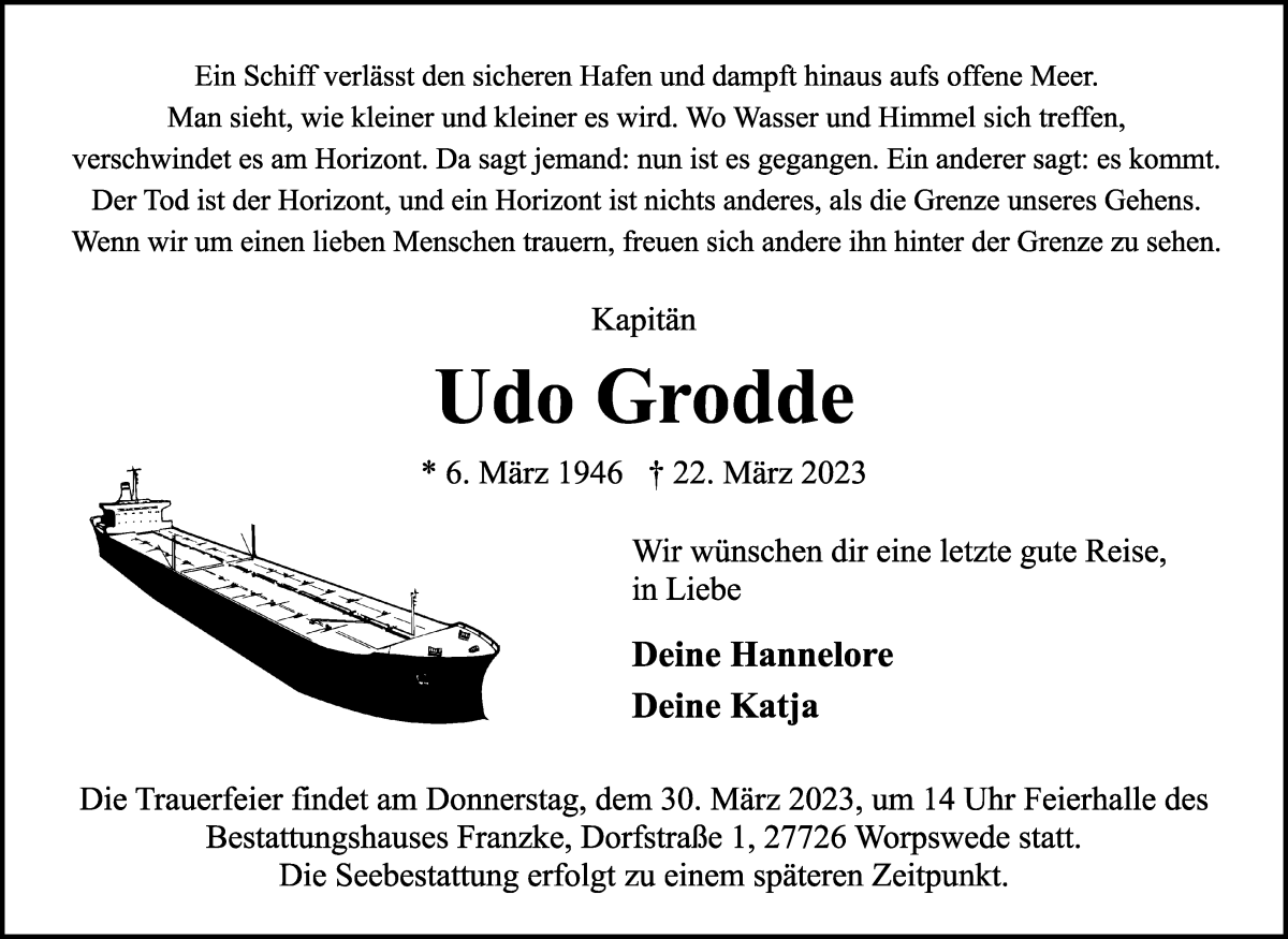 Traueranzeige von Udo Grodde von WESER-KURIER