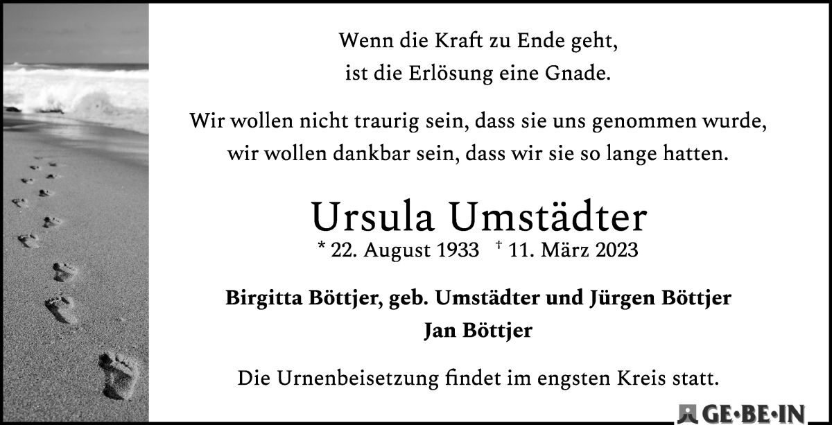  Traueranzeige für Ursula Umstädter vom 18.03.2023 aus WESER-KURIER