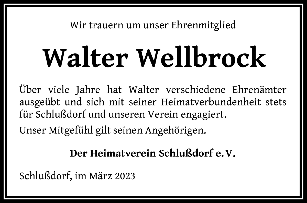 Traueranzeige von Walter Wellbrock von Wuemme Zeitung