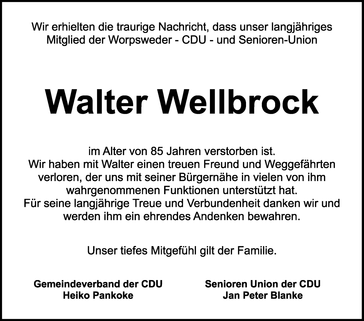 Traueranzeige von Walter Wellbrock von Wuemme Zeitung