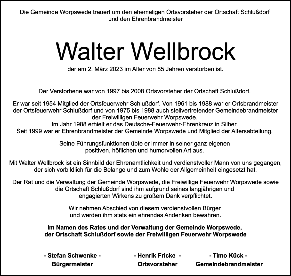 Traueranzeige von Walter Wellbrock von Wuemme Zeitung