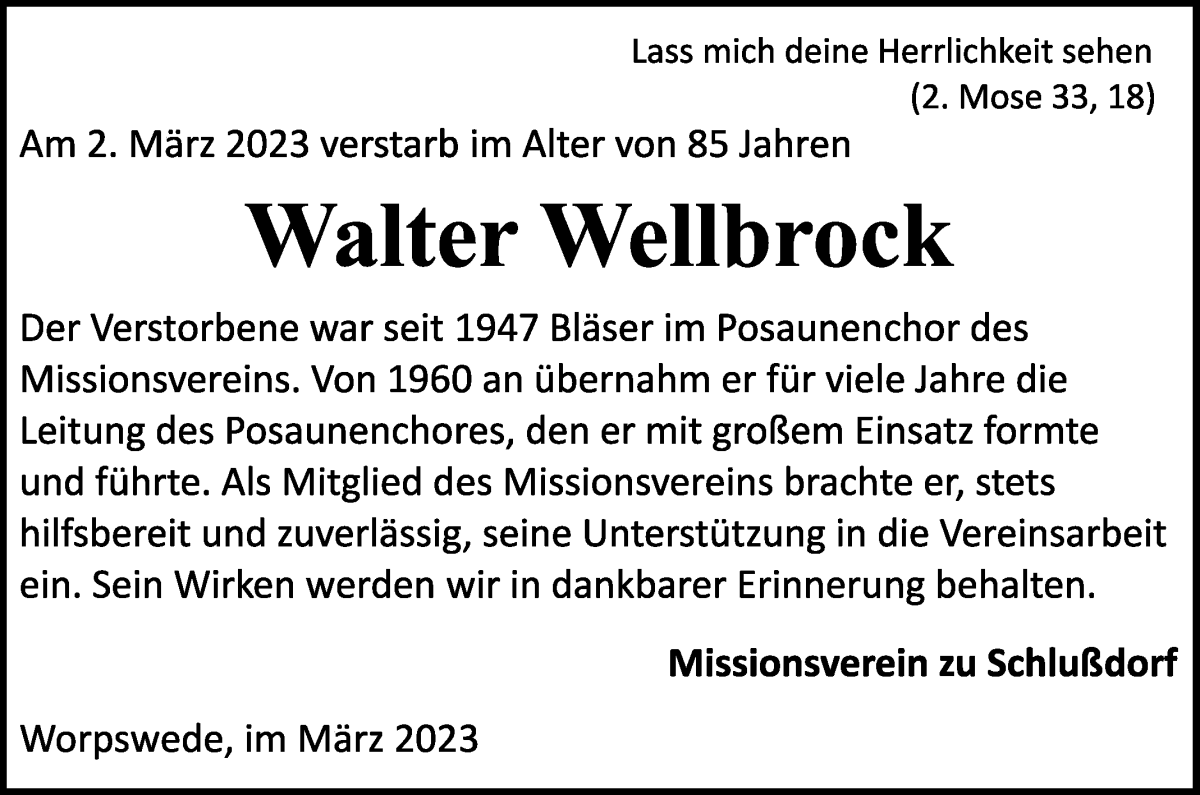 Traueranzeige von Walter Wellbrock von Wuemme Zeitung