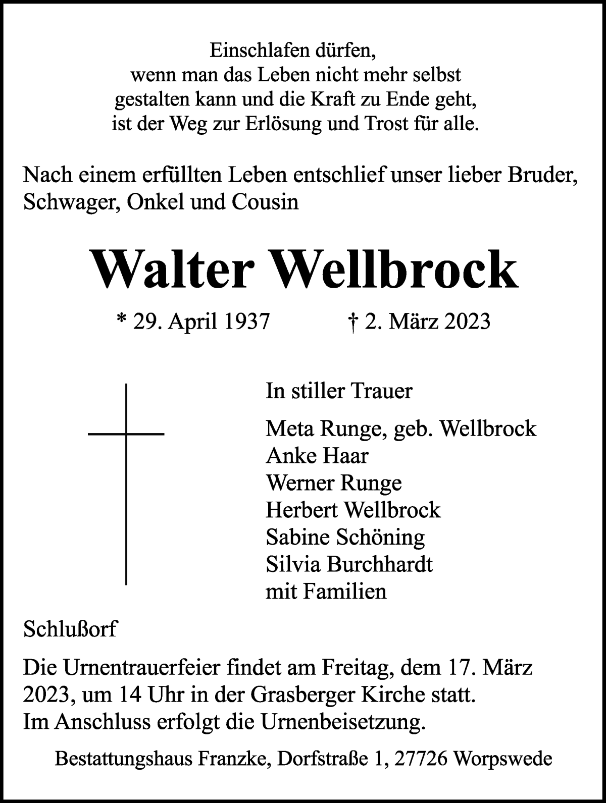 Traueranzeige von Walter Wellbrock von Wuemme Zeitung