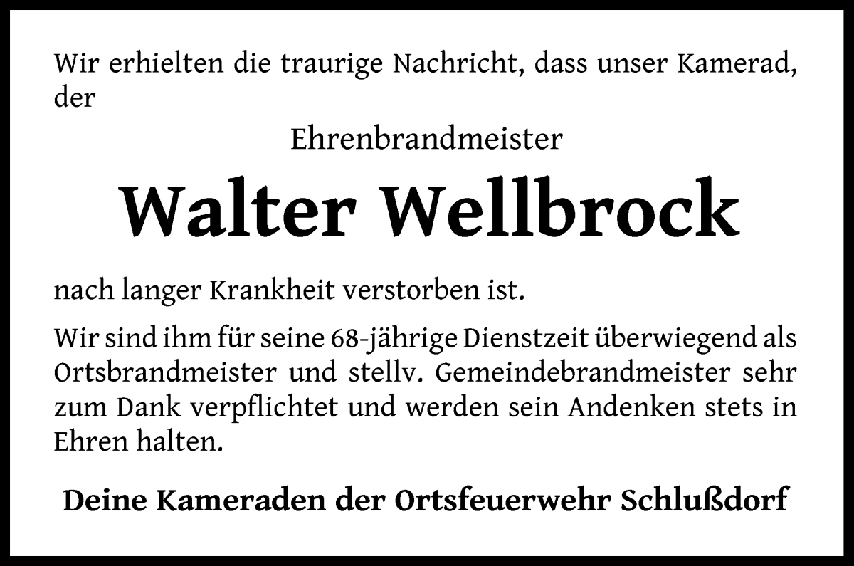 Traueranzeige von Walter Wellbrock von Wuemme Zeitung